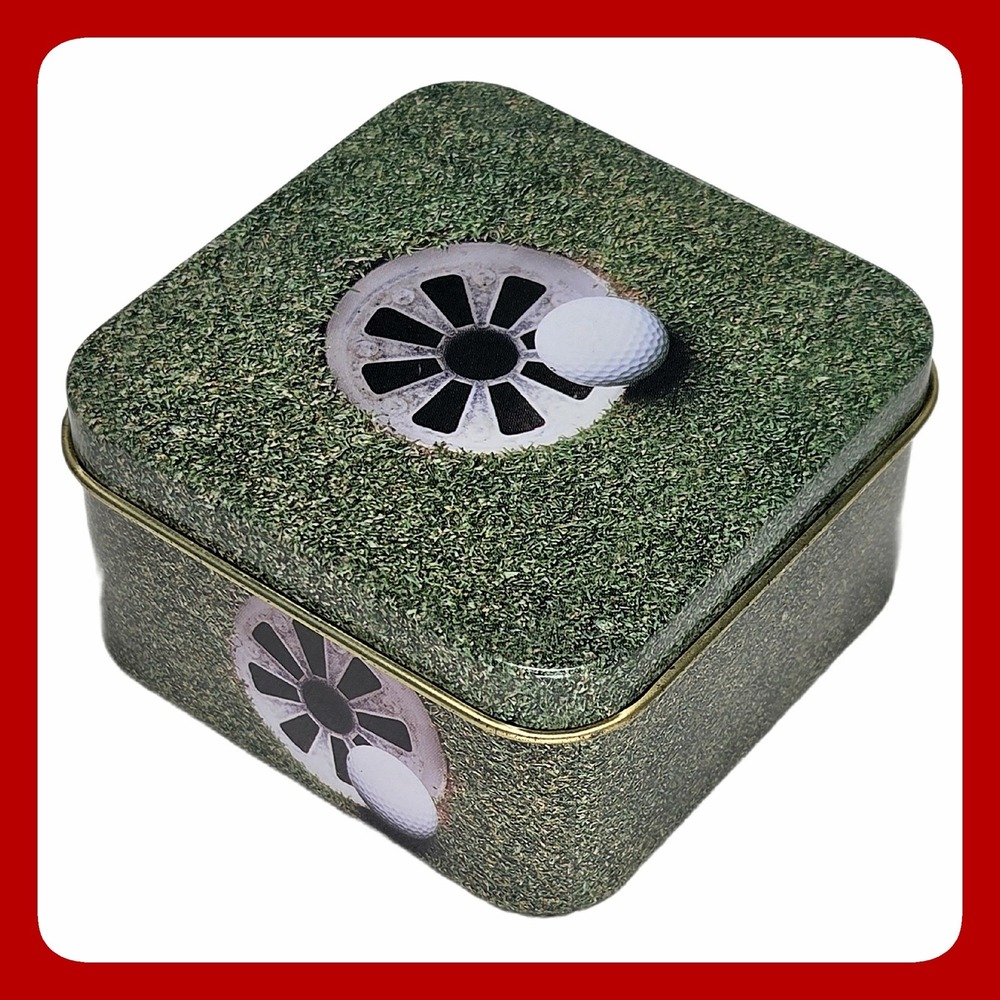 Vintage Golf Ball Green Grass Metal Square Tin Box Small Storage Container Decor